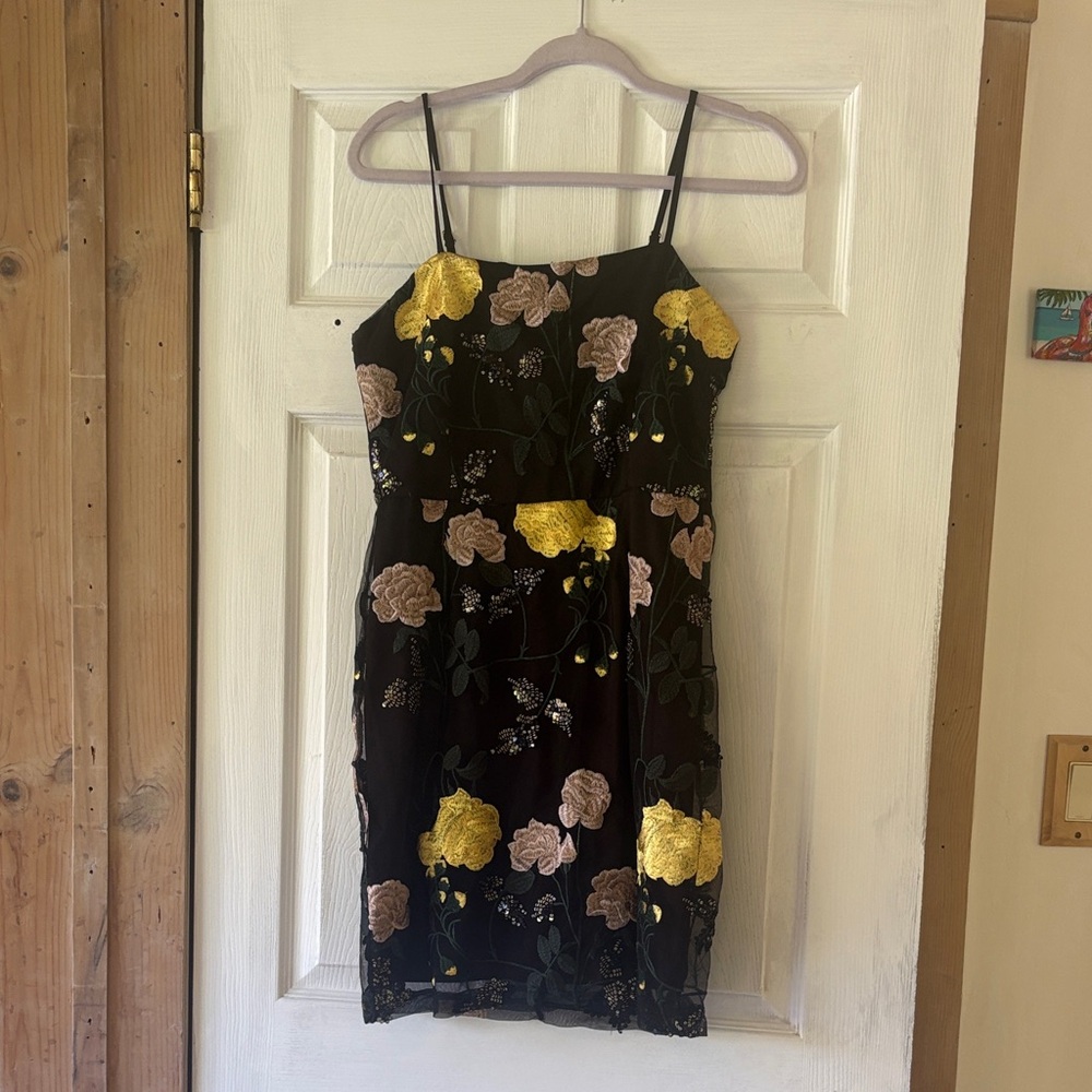 Lulus Black Floral Embroidered Slip Dress with Gold Accents